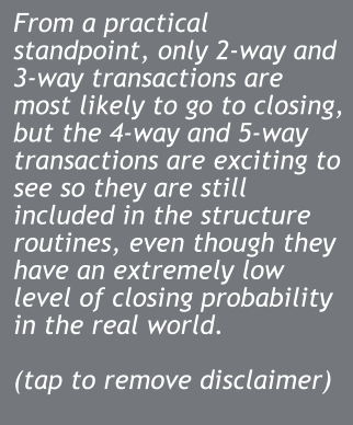 From a practical standpoint, only 2-way and 3-way transactions are most likely to go to closing, but the 4-way and 5-way transactions are exciting to see so they are still included in the structure routines, even though they have an extremely low level of closing probability in the real world.  (tap to remove disclaimer)