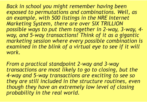 Back in school you might remember having been exposed to permutations and combinations. Well, as an example, with 500 listings in the NRE Internet Marketing System, there are over SIX TRILLION possible ways to put them together in 2-way, 3-way, 4-way, and 5-way transactions! Think of it as a gigantic marketing session where every possible combination is examined in the blink of a virtual eye to see if it will work.  From a practical standpoint 2-way and 3-way transactions are most likely to go to closing, but the 4-way and 5-way transactions are exciting to see so they are still included in the structure routines, even though they have an extremely low level of closing probability in the real world.